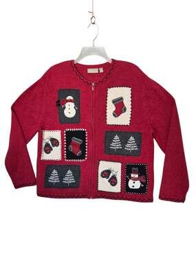 Vintage Croft & Barrow Ugly Christmas Sweater Size XL Red with Patches Full Zip